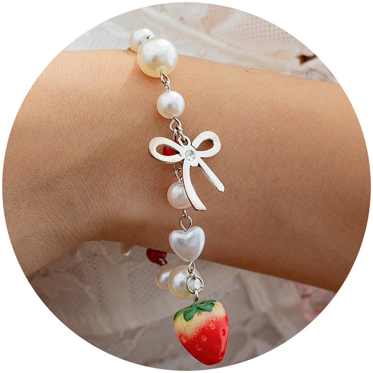 Sweet Strawberry Bow Bracelet Bracelet Temperament Versatile Artificial Pearl Vacation Jewelry_voghion.com