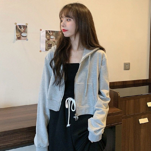 New 2025 Autumn Women's Short-sleeve Hooded Zip-up Sweatshirt Coat Pure Color Korean Style Thin Sweatshirt Fashion Outerwear