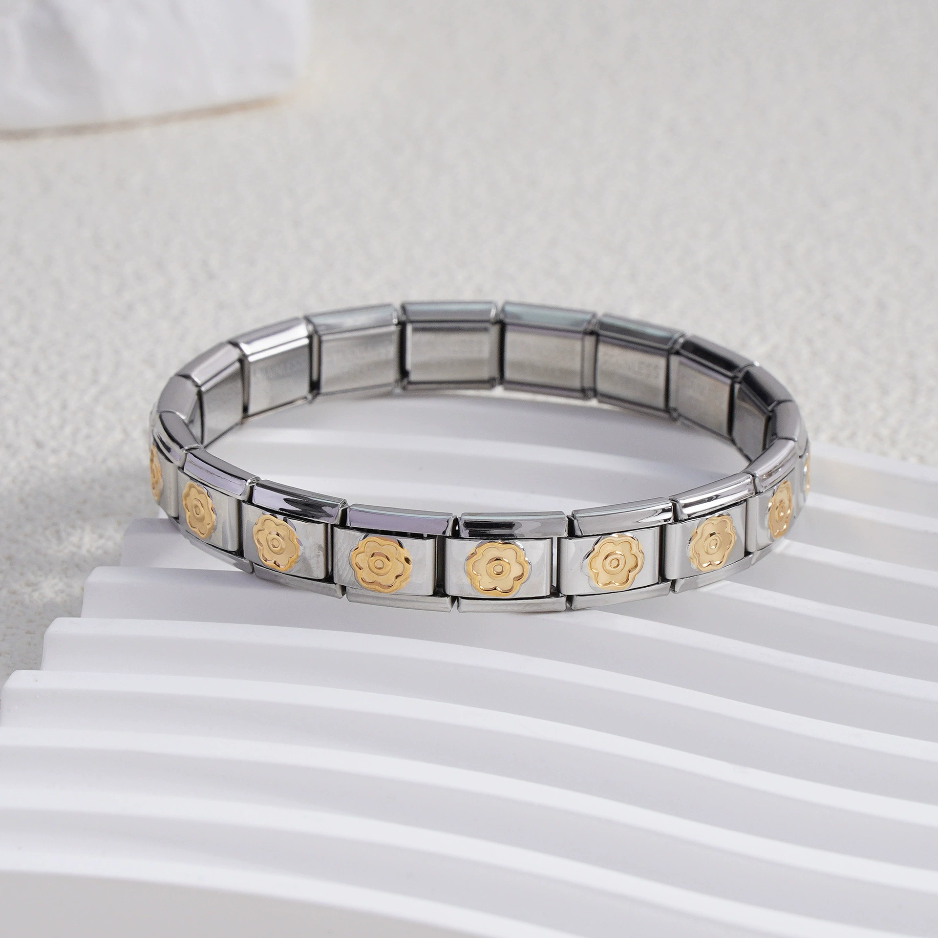 stainless steel bracelet, removable elastic link watch strap, italian european style, assorted charms