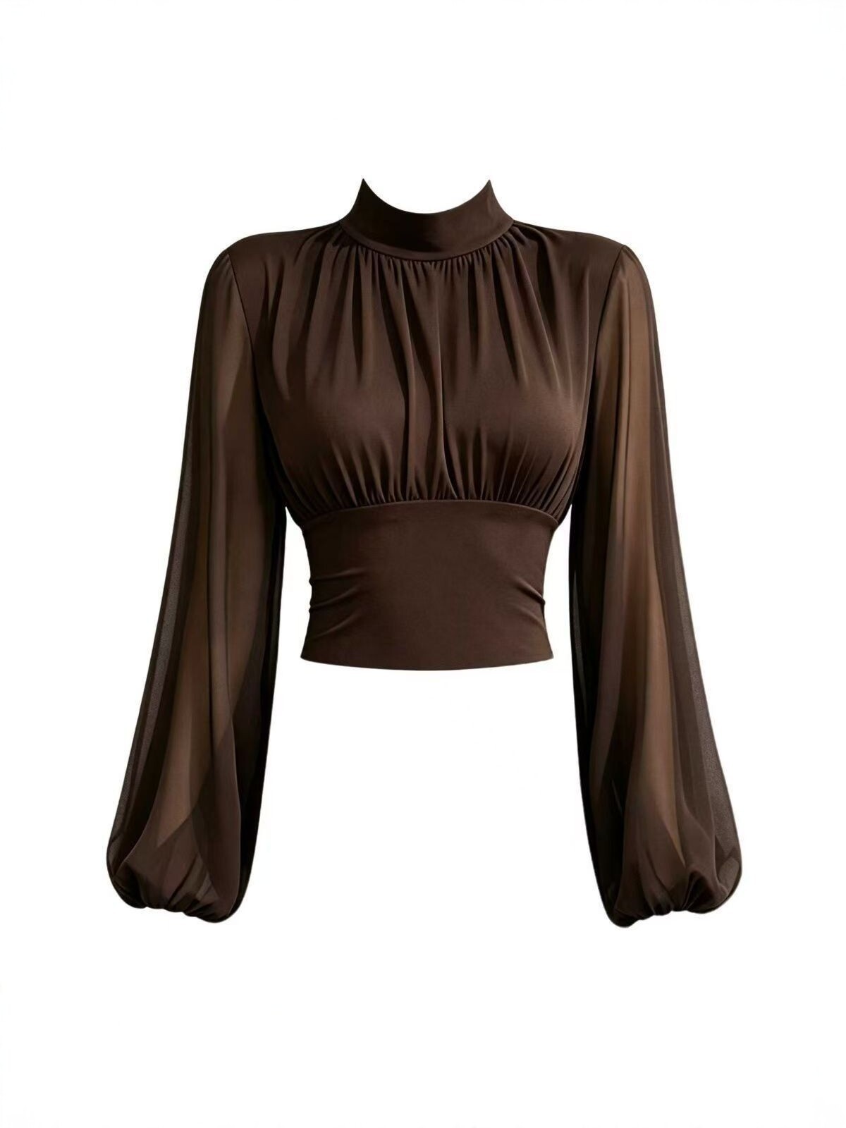 French-style high-neck mesh patchwork long-sleeve T-shirt for women, featuring a cinched waist, pleated design, and a stylish, slimming, short-length inner layer