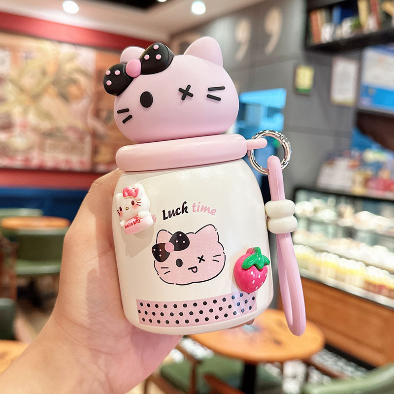 동물 캐릭터 미니 보온병 300ml 휴대용 스트랩 빨대 물병