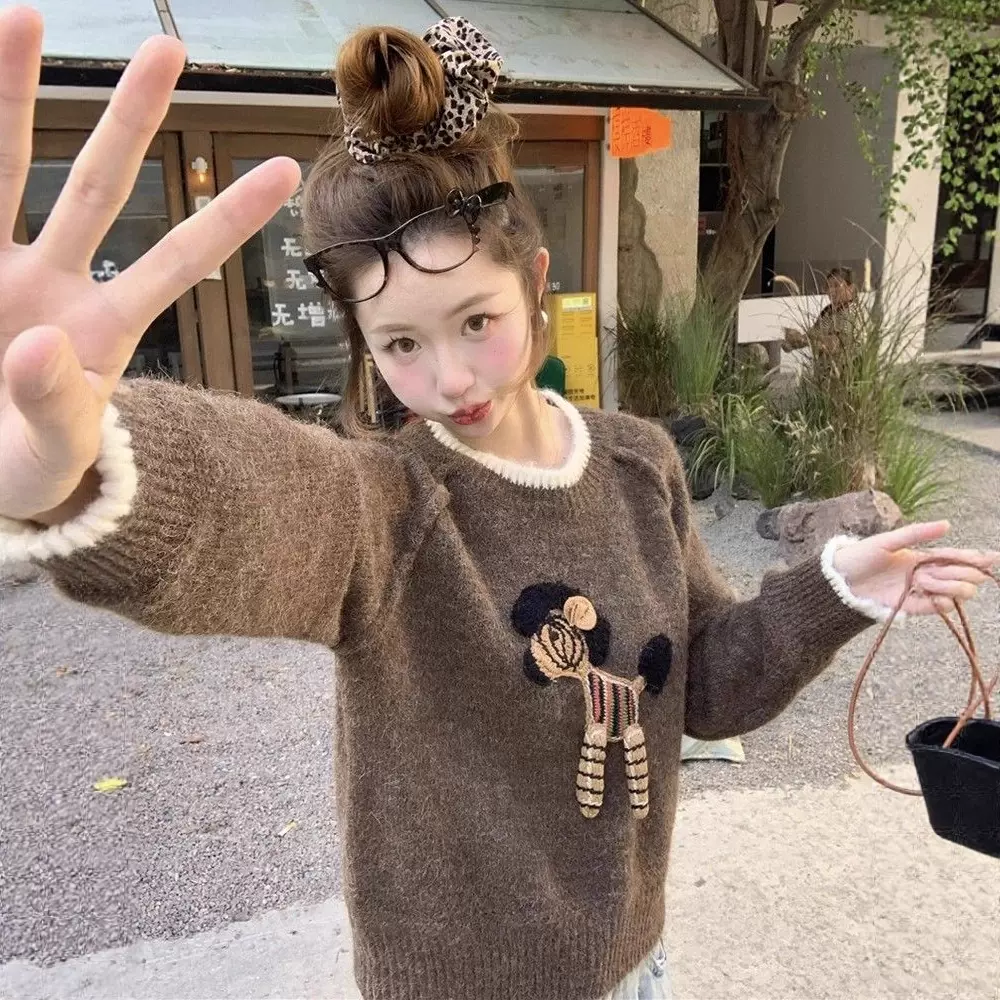 东大门针织衫韩系软糯复古风2025秋季新款加厚可爱立体毛衣套头女