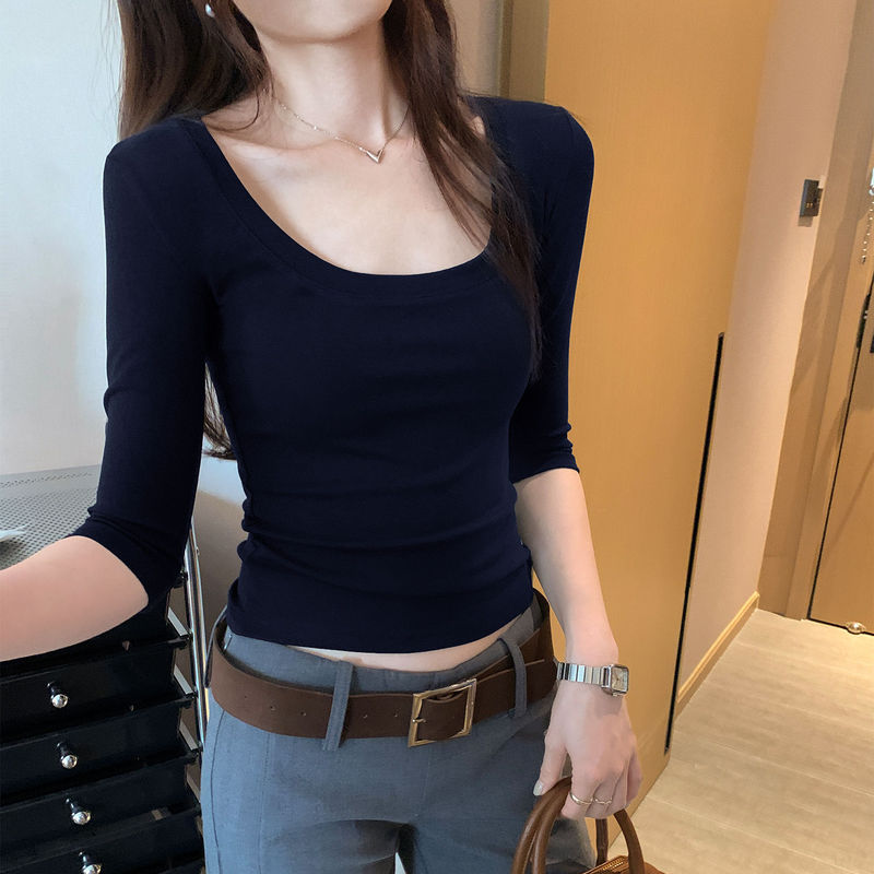 Lyocell Tencel Summer Commute Stylish Black U-Neck Mid-Sleeve T-Shirt for Women 2025 New Unique and Beautiful Top Lyocell Tencel Summer Commute Stylish Black U-Neck Mid-Sleeve T-Shirt for Women 2025 New Unique and Beautiful Top