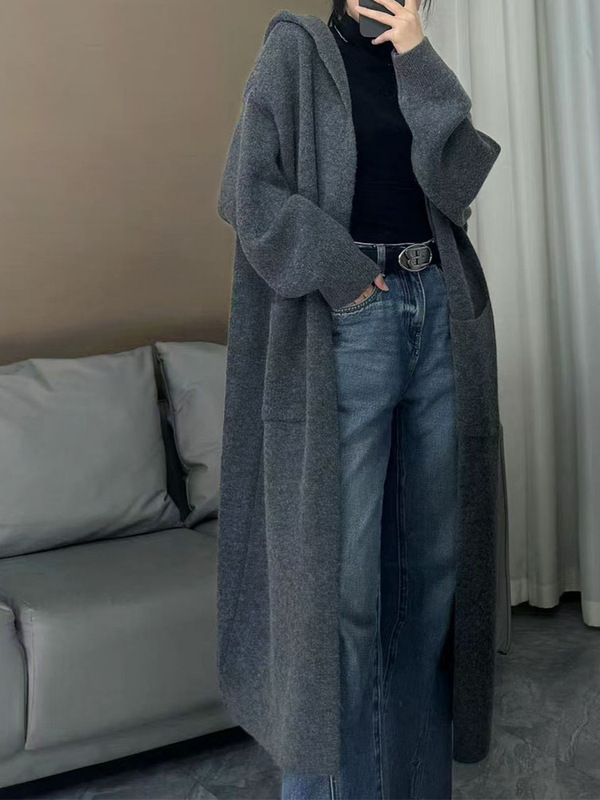 Cross-Border Hooded Long Sweater Jacket Autumn and Winter New Korean Style Lazy Style Loose Large Size Foreign Trade Knitted Cardigan for Women