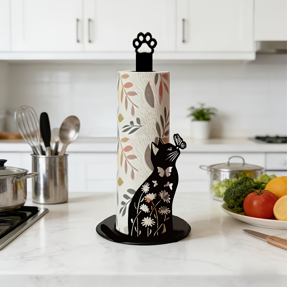Acrylic Cute Black Cat Butterfly Tissue Holder Kitchen Countertop Roll Paper Storage Rack Bathroom Standing Paper Holder