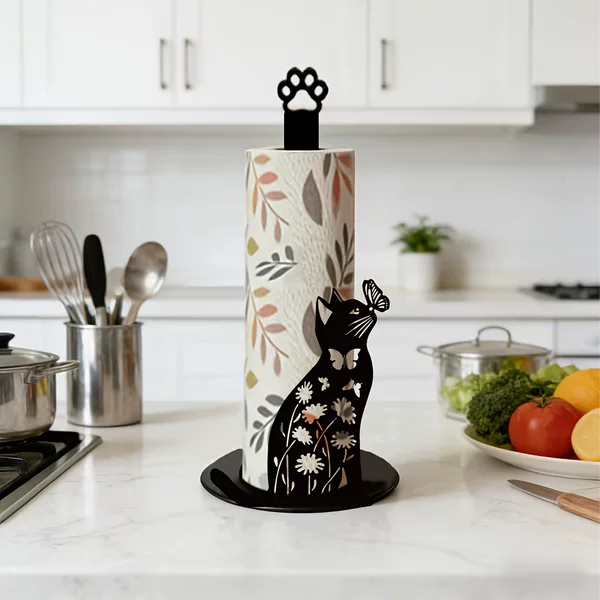 Acrylic Cute Black Cat Butterfly Tissue Holder Kitchen Countertop Roll Paper Storage Rack Bathroom Standing Paper Holder