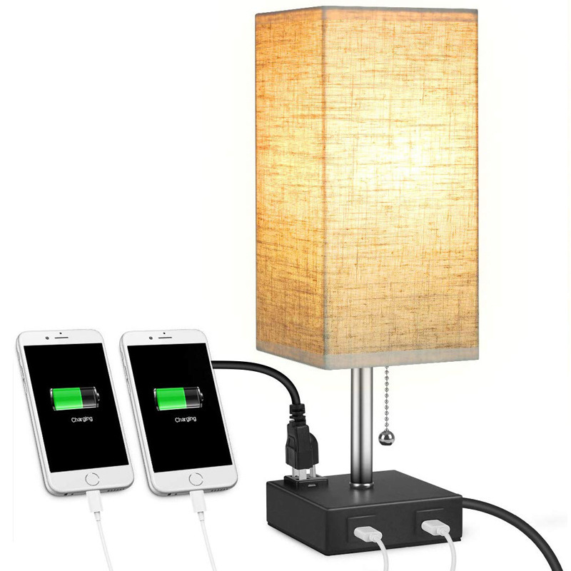 Cross-border exclusive for modern simple bedroom warm fabric desk lamp double USB port 3 hole AC socket bedside table lamps Cross-border exclusive for modern simple bedroom warm fabric desk lamp double USB port 3 hole AC socket bedside table lamps