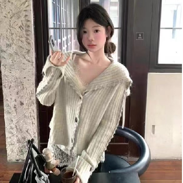设计感飘带大翻领毛衣外套女秋季2025新款少女感显瘦灰色针织开衫|undefined