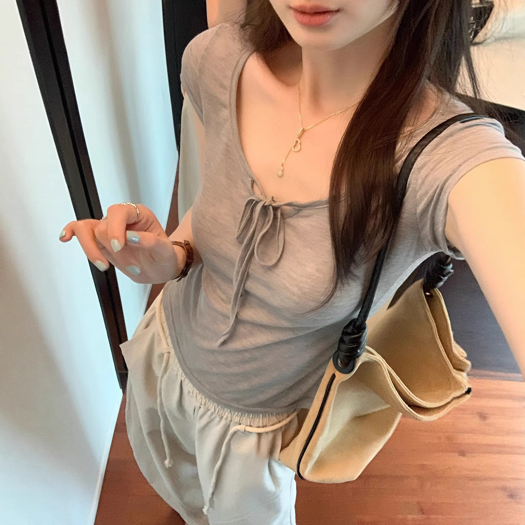 Sweet Girl Lace-Up U-Neck Right Shoulder Short-Sleeved T-Shirt for Women 2025 Summer Thin Slightly See-Through Slimming Look Elegant Top