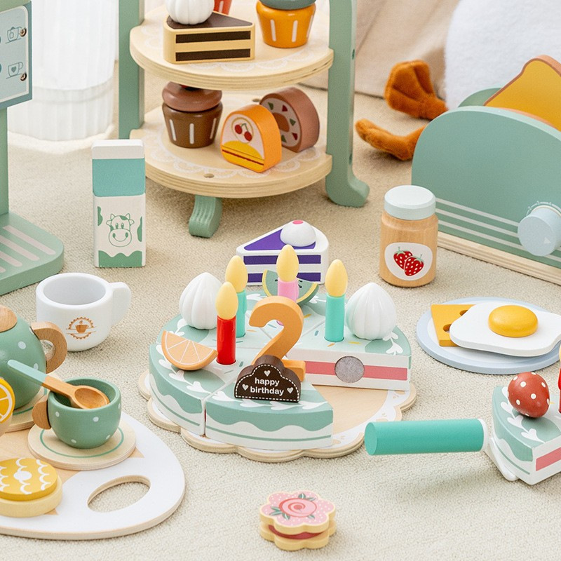 Simulación de educación temprana niños jugar casa tarde té postre pastel venta tetera taza juego de té traje de Madera Juguetes