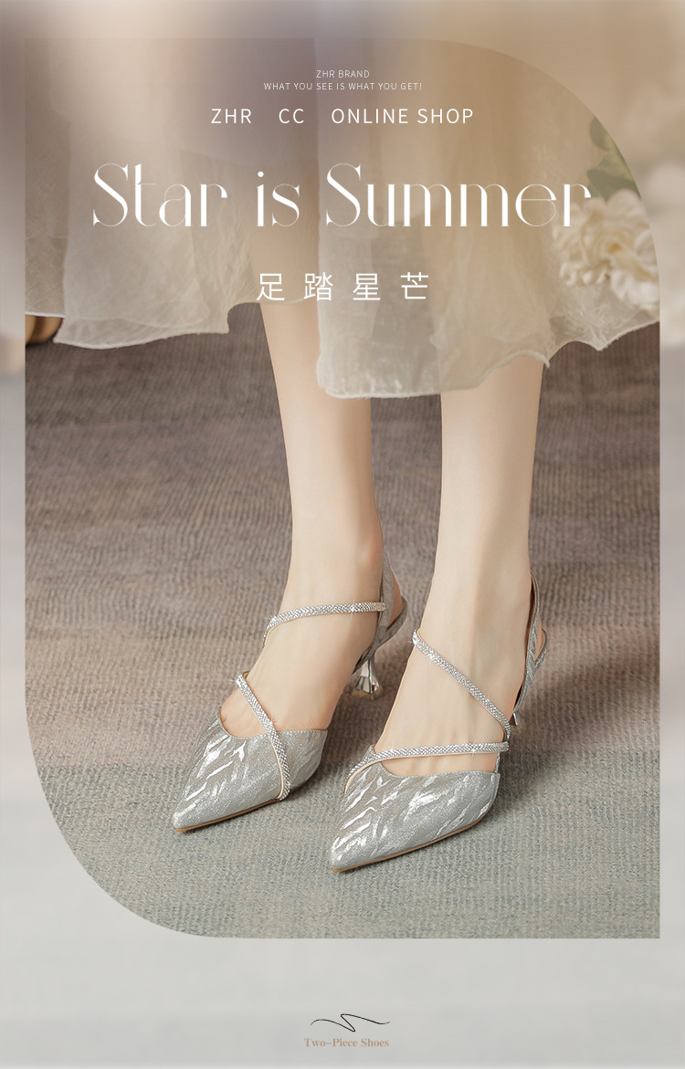 Sandal cao gót nữ mũi nhọn bít mũi đính đá phong cách Pháp — Y781 màu bạc chi tiết 3