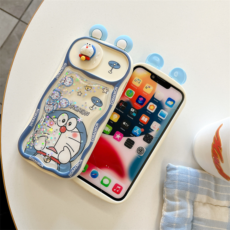 适用苹果15手机壳流沙叮当猫16趣味卡通iPhone11推拉窗立体耳朵14|undefined