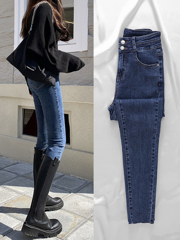 Dark Blue Ultra-High-Waisted Jeans for Women in Autumn New Slimming Tight-Fitting Plus Velvet Pencil Pants for Small Feet