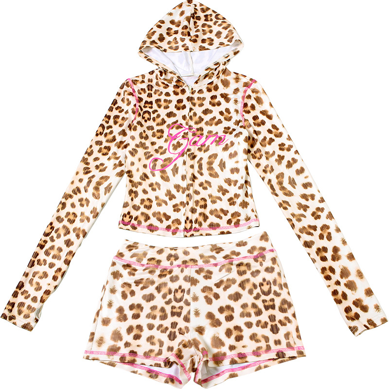 Spring Casual Leopard Print Slim Fit Hood Zipper Top High Waist Shorts Set Women