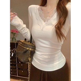 Korean Style Lace Stitching V-neck Warm Base Shirt Women's Autumn and Winter Sexy Slim-fit Slimming Pure Desire Style Inner Top