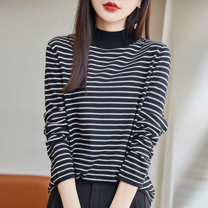 Half Turtleneck100%Pure Wool Sweater Women's Pullover Knitted Loose Black And White Striped Cashmere Sweater Long Sleeve Bottoming Top
