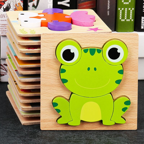 Early Childhood Education Cartoons Animal Recognition Handheld Wooden 3D Puzzle Toy