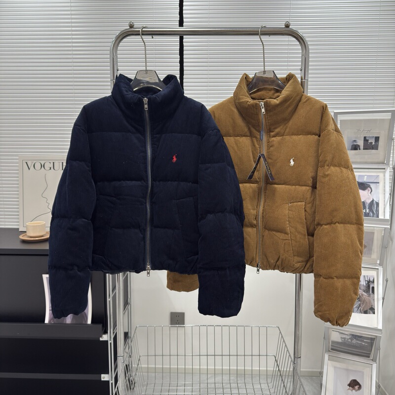 Winter New Style Laffy Pony Embroidered White Duck down Corduroy Jacket Loose Version Quilted Stand Collar down Jacket