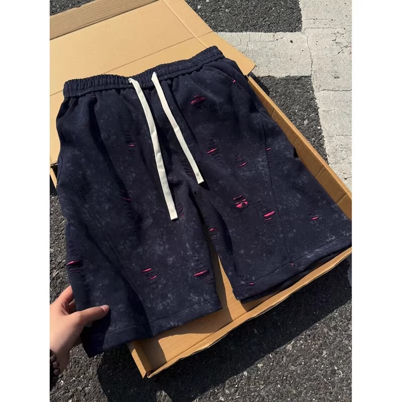 Navy Blue Ripped Tie-Dye Shorts for Men, Summer Trendy Brand, Cool Street Style, American Sports Style, 4-Inch Mid-Length Shorts