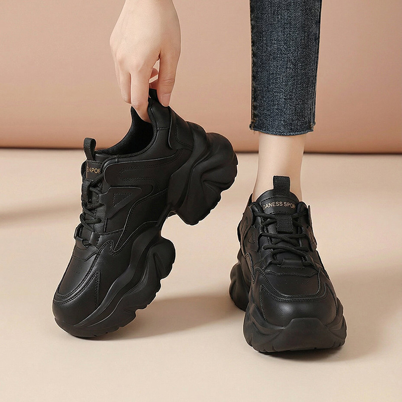 Black Dad Shoes for Women 2025 New Autumn and Winter Thick-Soled Fashion Versatile Height-Increasing Plush Casual Sneakers