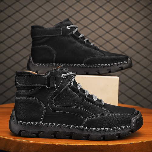 Popular large size men's leather boots, men's fashionable hand-sewn ankle boots, flat lacing casual shoes