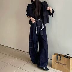 2025早秋新款复古辣妹风工装牛仔裤女高腰宽松显瘦直筒阔腿拖地裤