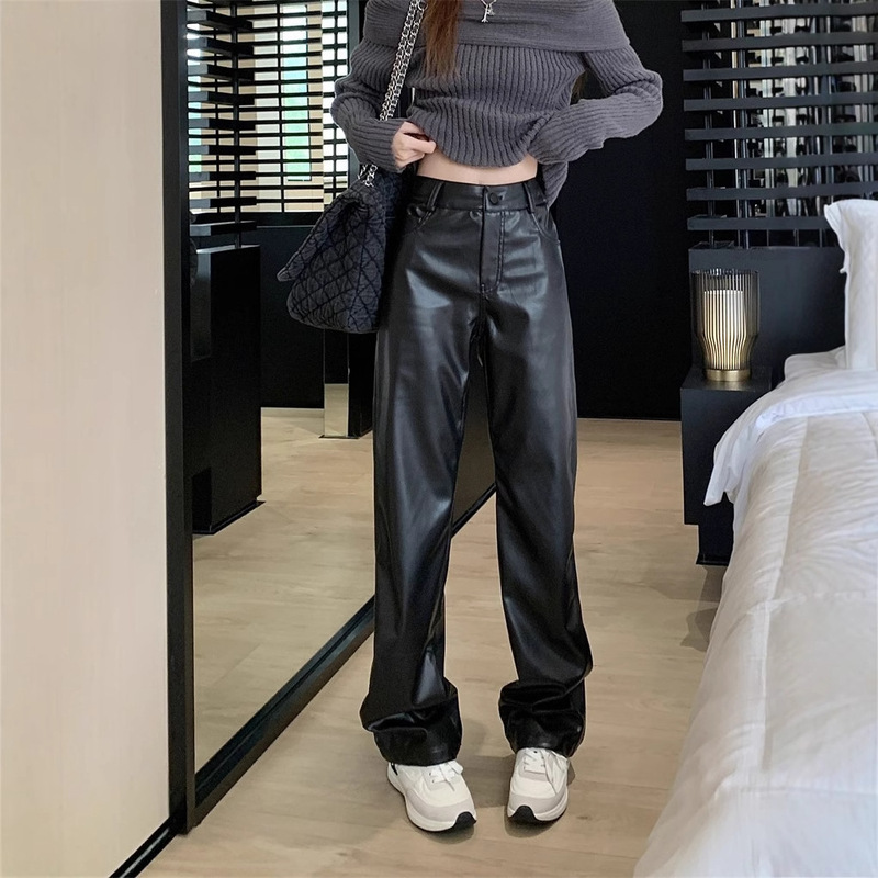 plus size Black Leather Straight Leather Pants Women's Slight Chubby Girls Autumn High Waist Wide Leg Pants Casual Pants plus size Black Leather Straight Leather Pants Women's Slight Chubby Girls Autumn High Waist Wide Leg Pants Casual Pants