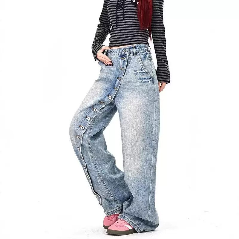 American Retro Distressed Washed Loose Straight-Leg Jeans for Women with a Unique Design and Diagonal Button Closure, Floor-Length Pants
