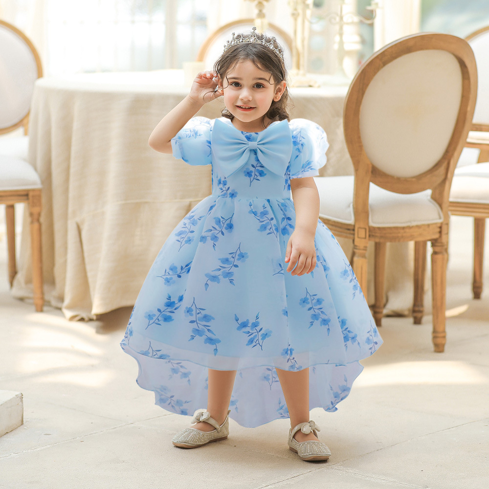 跨境女童抓周禮服夏兒童周歲公主裙泡泡袖嬰幼兒女寶寶生日連衣裙