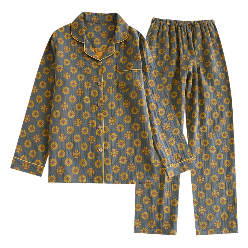 Nuevo algodón de manga larga cardigan pijamas florales de doble capa de gasa de algodón primavera y otoño solapa japonesa traje de desgaste para el hogar