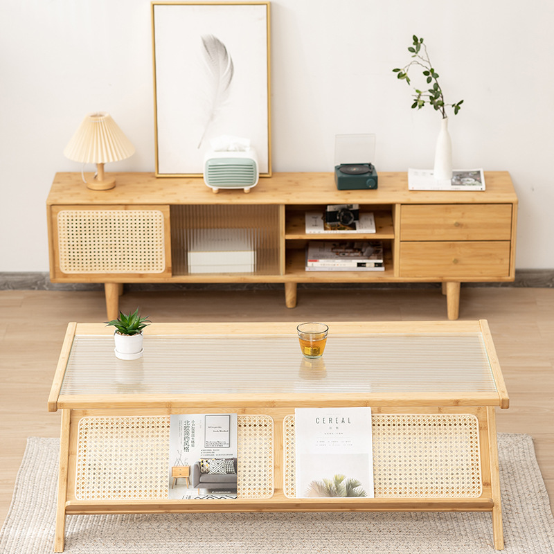 Mesa de té de ratán de estilo japonés TV gabinete combinación registro estilo sala de estar internet celebridad vidrio mesa de té pequeño apartamento sala de estar visual gabinete