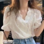 夏季法式v领泡泡袖衬衫