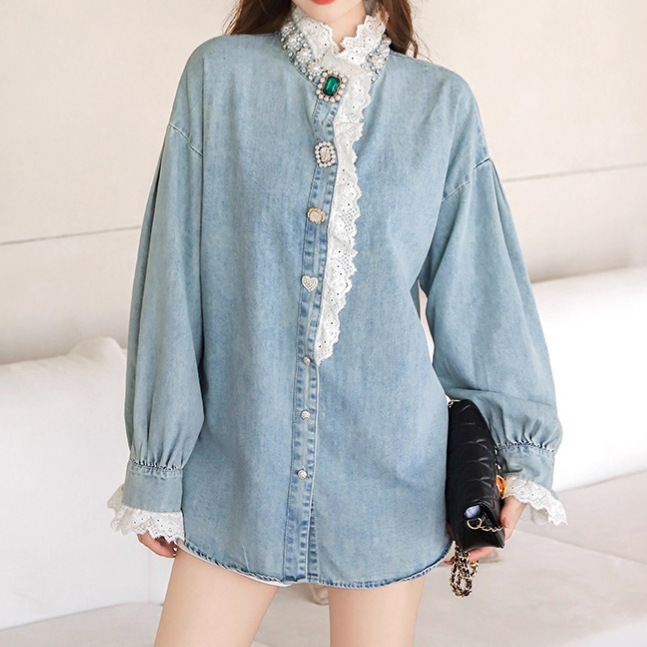American Retro Lace Trim Loose Denim Shirt for Women, New Autumn Heavy-Duty Rhinestone Button Versatile Silhouette Top