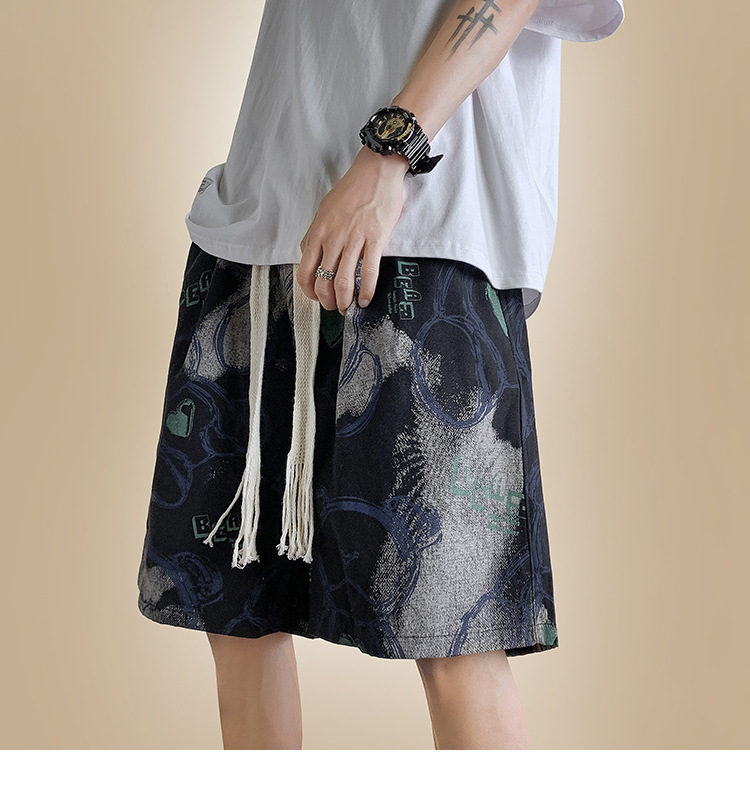 Men's Bear Print Drawstring Shorts, Loose Fit High Street Casual Shorts, Summer Streetwear Mid-Thigh Shorts_viptrois.com
