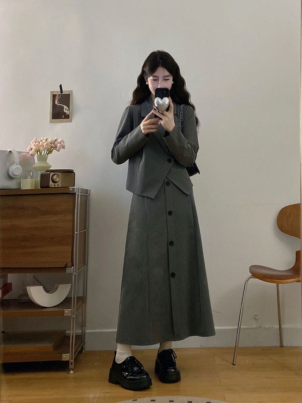 2025年大码女装气质长袖西装上衣高腰半身裙秋季显瘦通勤两件套|undefined