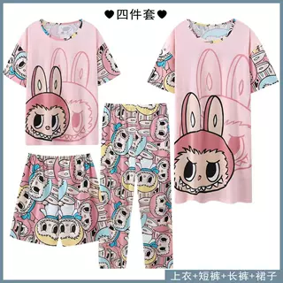 pajamas睡衣女2025夏四件套卡通宽松短袖睡裙长裤薄款家居服可爱