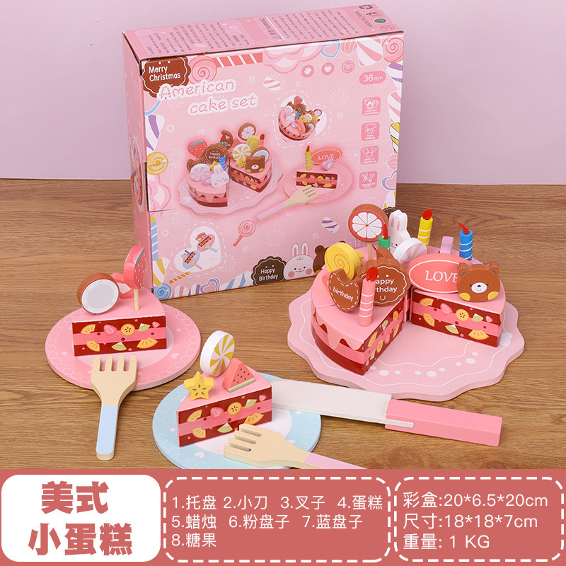 Nuevos niños jugar casa portátil caramelo postre pastel de madera en caja simulación helado corte Rosa cocina Juguetes