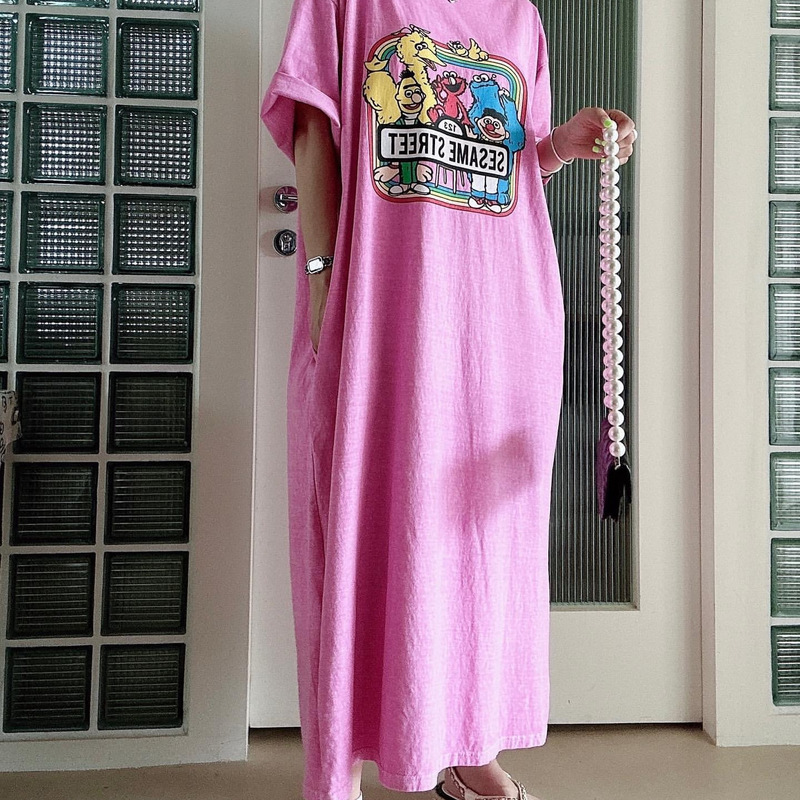 Korean Chic Age-Reducing Cartoon Print Dress for Women, Summer French Style, Loose Casual Short-Sleeved Long Dress Korean Chic Age-Reducing Cartoon Print Dress for Women, Summer French Style, Loose Casual Short-Sleeved Long Dress