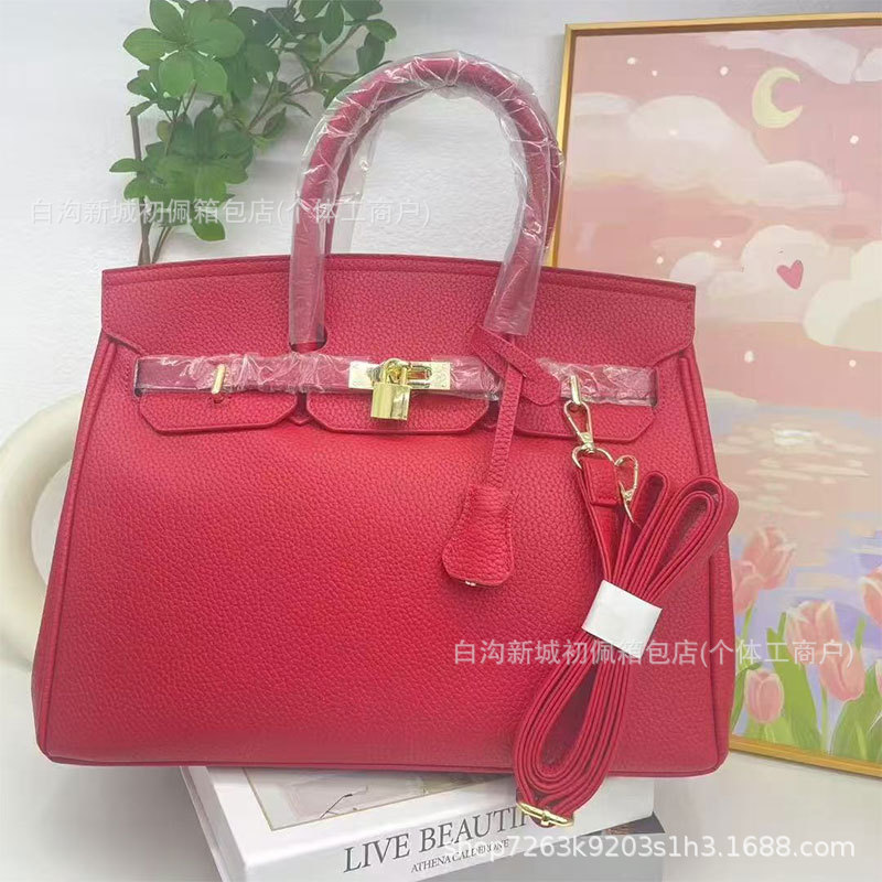 跨境百搭铂金包时尚简约轻奢荔枝纹手提包质感通勤女士bags单肩包|undefined