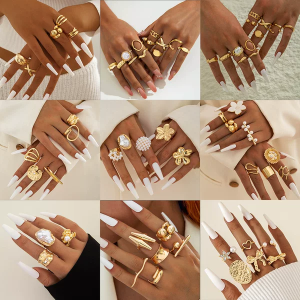 European and American Style Irregular Pearl Rings, Vintage Metal Ring Set, Exaggerated Geometric Gold Ring Set