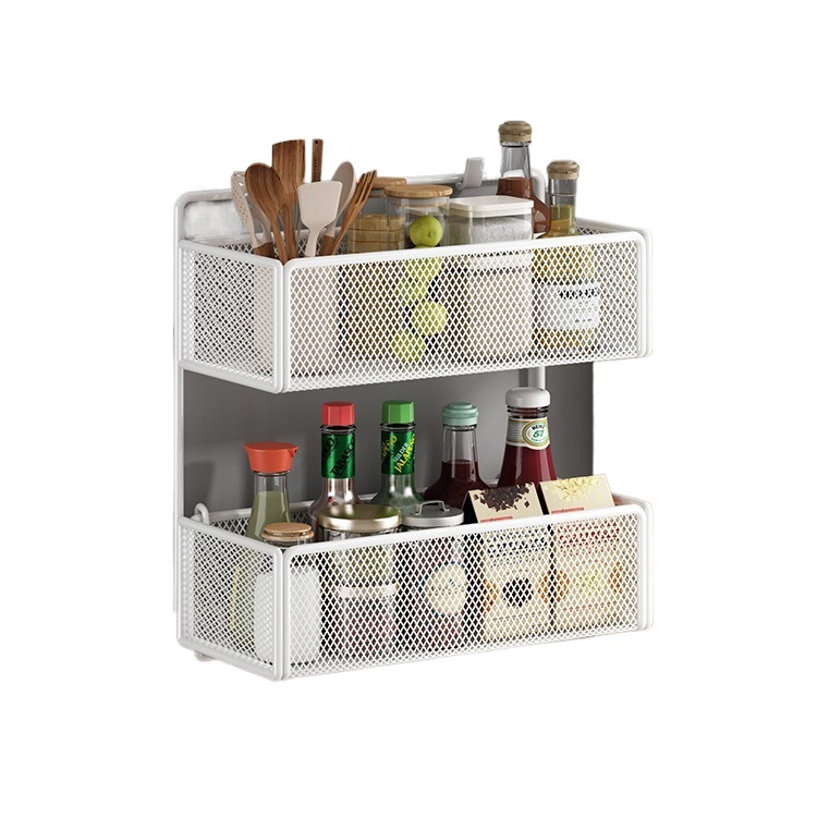 Estante de almacenamiento lateral de refrigerador Estante de almacenamiento lateral de cocina Botella de condimentos multicapa de perforación colgante de pared lateral Cesta de almacenamiento