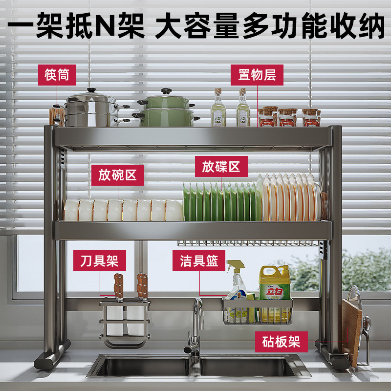 Estante para fregadero de cocina, encimera, estante de almacenamiento para platos, estante para lavavajillas multifuncional, estante para platos, estante para drenar en la piscina