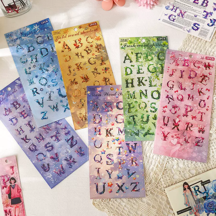 跨境彩绘文字符切膜手帐贴烫金防水pet手账本DIY素材画创意英文字