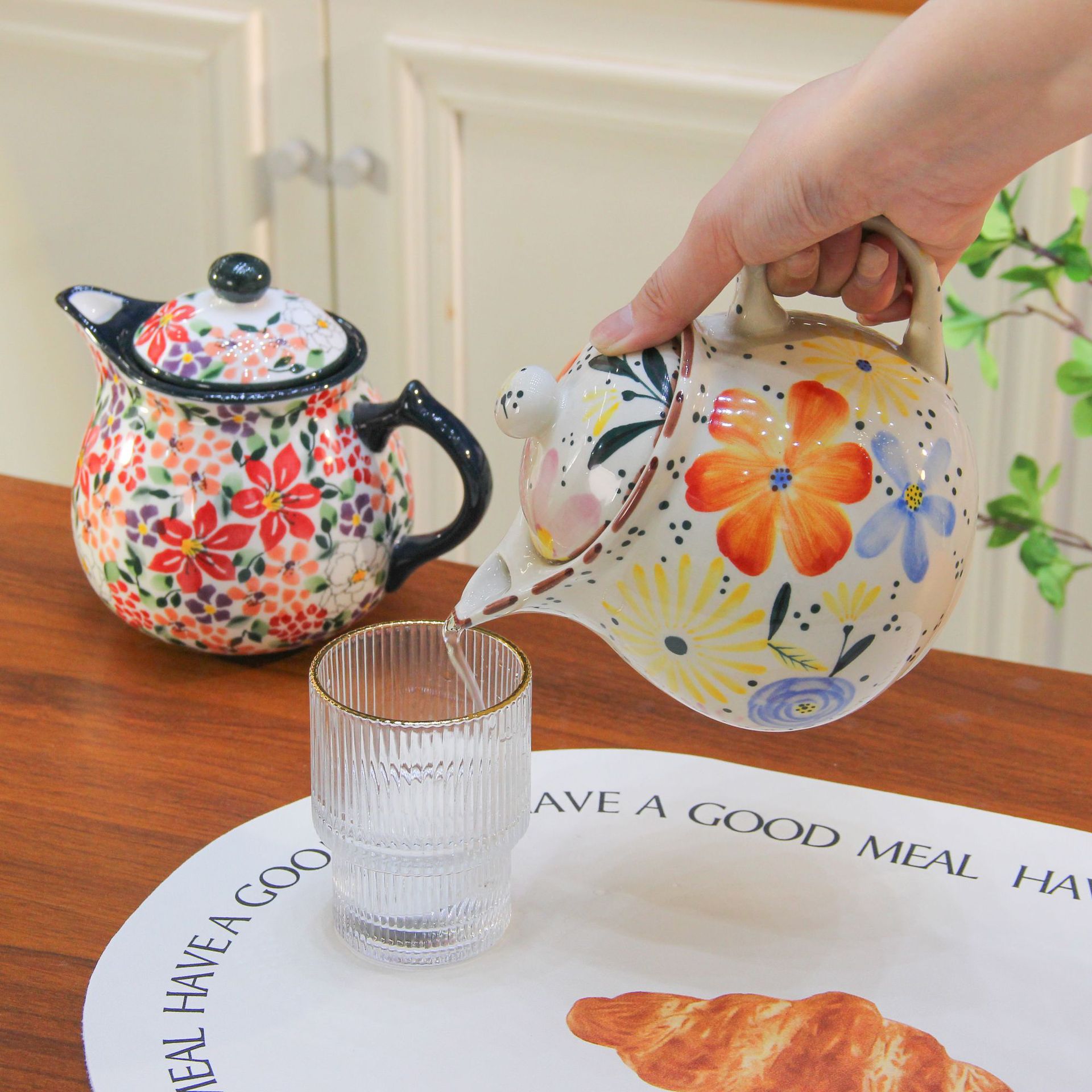 餐具釉下彩花卉养生壶耐高温波兰彩大容量陶瓷茶壶咖啡壶轻奢复古