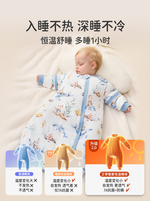 婧麒{暖姜}婴儿睡袋春秋冬款恒温宝宝睡袋新生一体防踢被四季通用|undefined