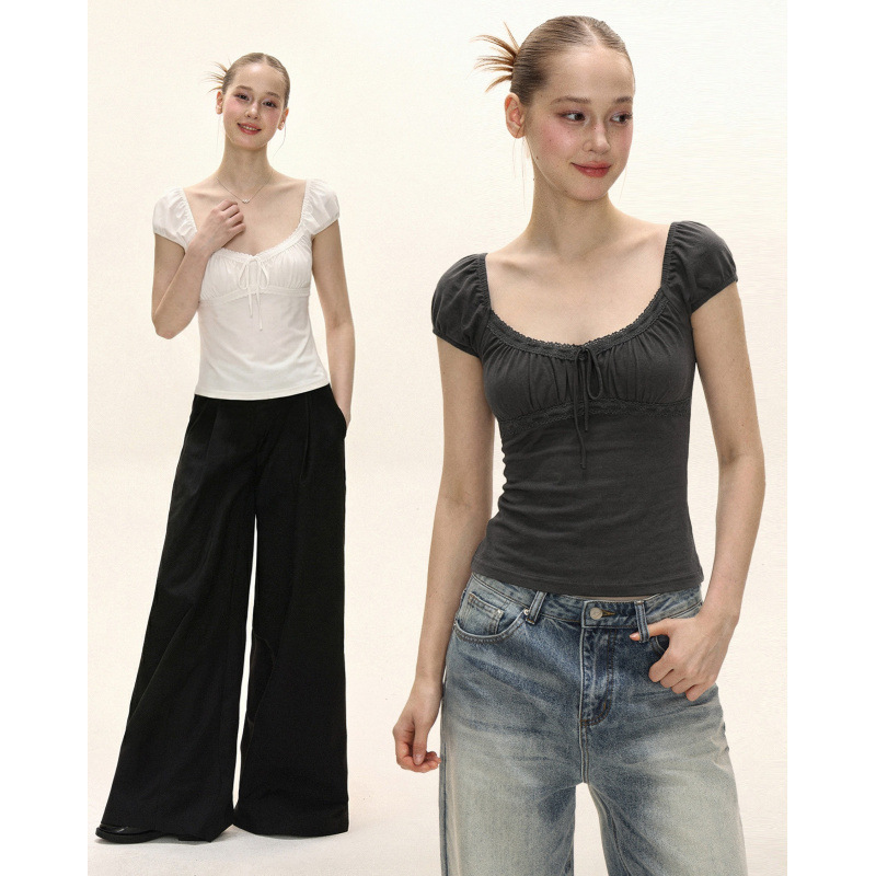 In-Stock 260g Rayon American-Style Square-Neck Short-Sleeve T-Shirt for Women, Summer Slim-Fit Large Neckline with Lace Trim and Tie-Up In-Stock 260g Rayon American-Style Square-Neck Short-Sleeve T-Shirt for Women, Summer Slim-Fit Large Neckline with Lace Trim and Tie-Up