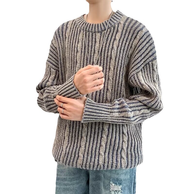Hochwertiger, farblich passender, vertikal gestreifter Rundhalspullover im Herrenbekleidungsstil für Männer und Frauen, lockerer Retro-Jugendpullover für Frühling und Herbst_voghion.com