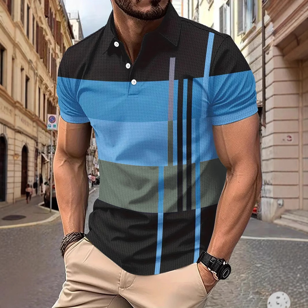 Cross-border Amazon wish summer European and American men's daily leisure striped printed lapel short sleeve polo shirt
