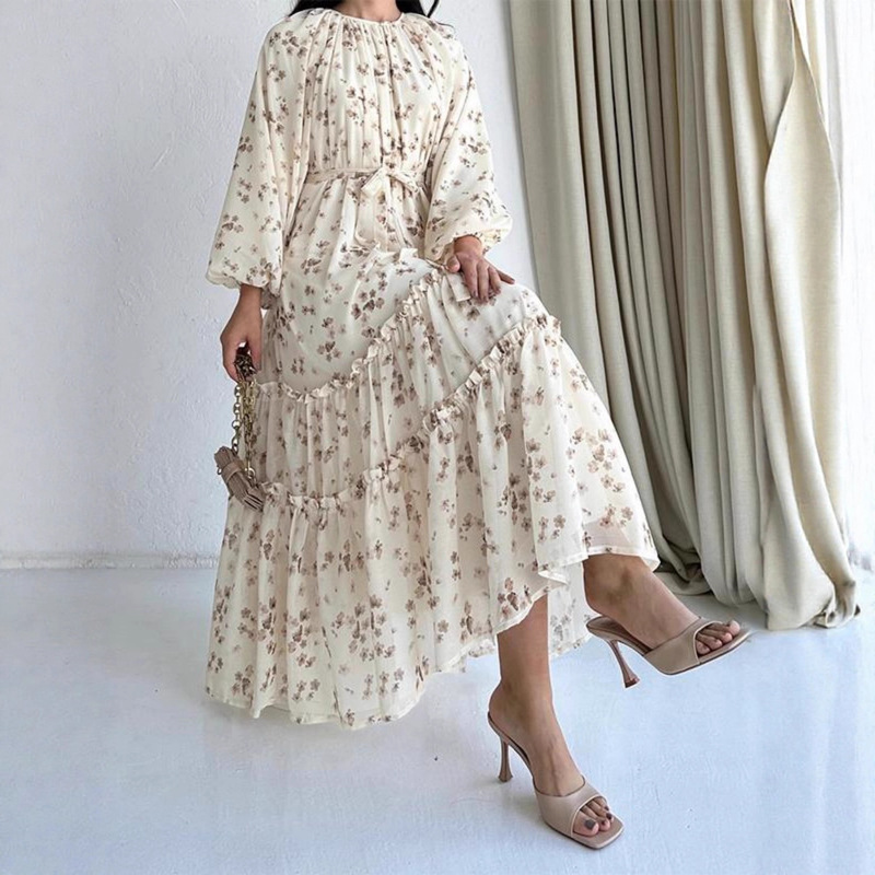 Cross-Border Puff-Sleeve Floral Mid-Length Dress, Women's Loose-Fitting, Figure-Flattering Multi-Layer Tie-Up Dress Cross-Border Puff-Sleeve Floral Mid-Length Dress, Women's Loose-Fitting, Figure-Flattering Multi-Layer Tie-Up Dress