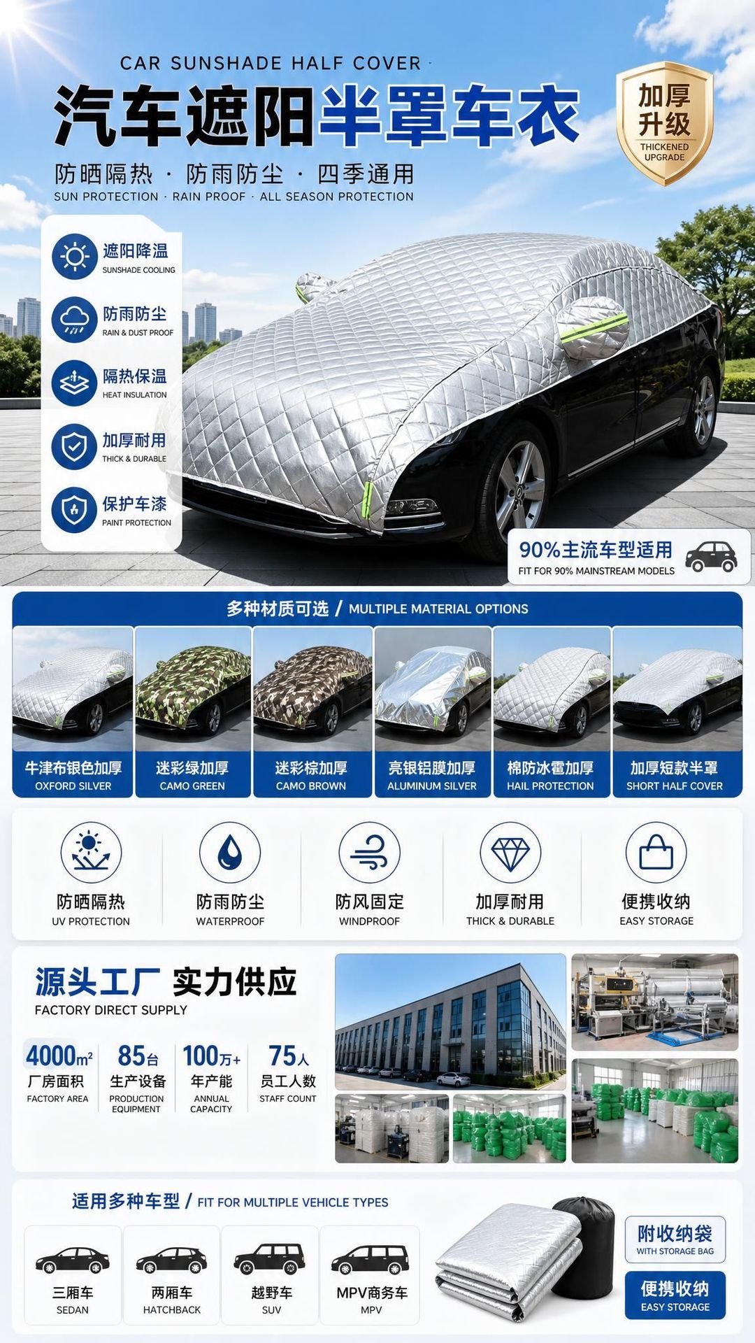 New model car cover half-cover sunshade, aluminum film sun protection cover, heat insulation cover, cooling cover, car sunshade umbrella
